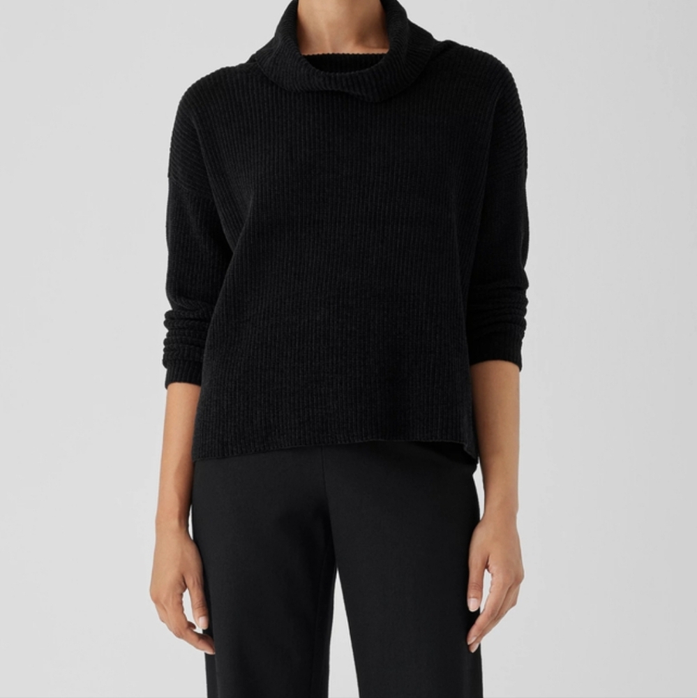 Eileen Fisher Organic Cotton Chenille Turtleneck Sweater Ribbed Boxy Fit SizeXXS